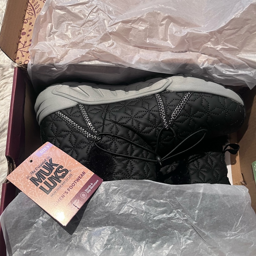 Muk Luks Black Quilted Slip-On Boot with Gray Sole